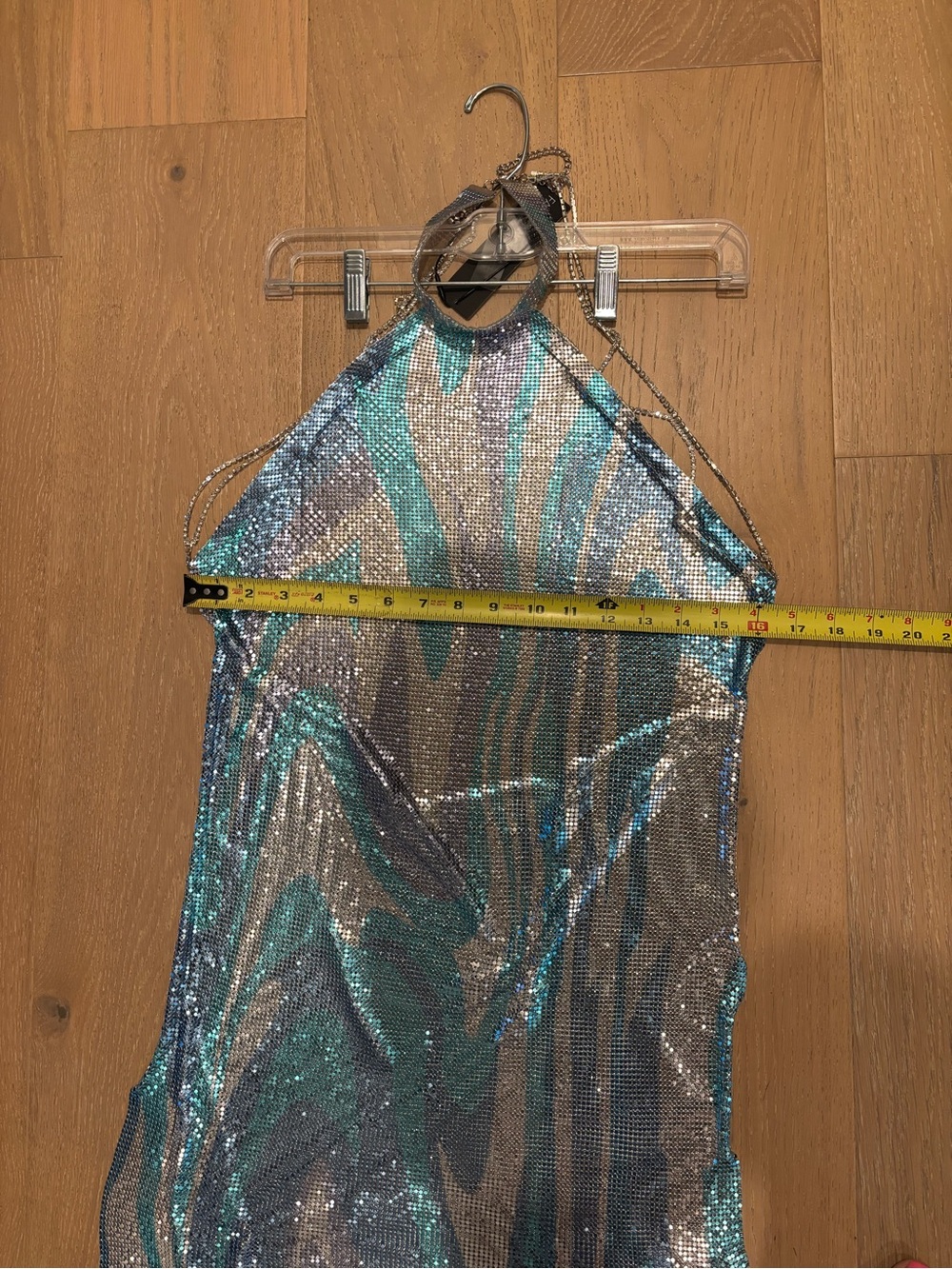 Fashion Nova Top Tier Only Chainmail Mini Dress Halter Metallic Aqua Iridescent - Picture 14 of 15